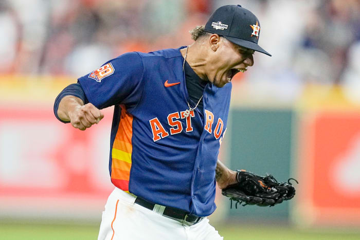 Astros reliever Bryan Abreu reacts after a strikeout.